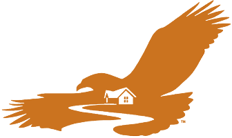 Eagle silhouette with house and path.